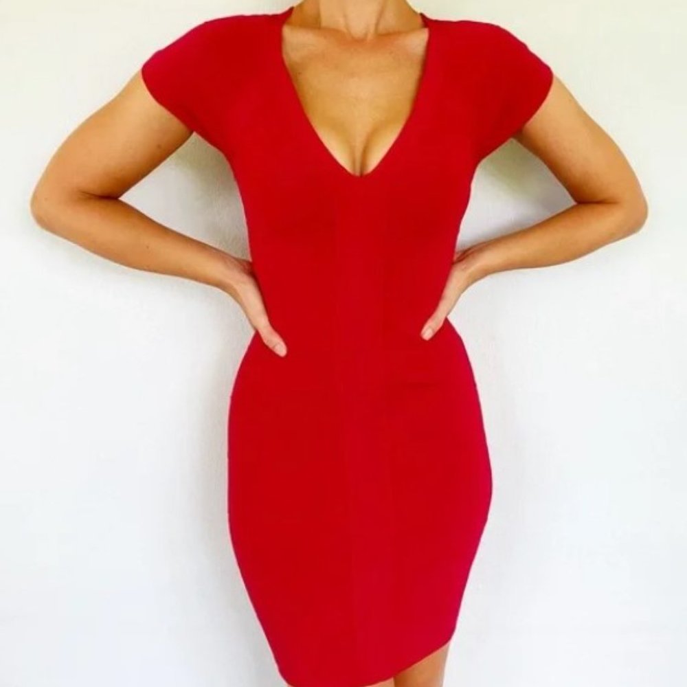 Express Womens Dress S Red Bandage Bodycon Short Sleeve V-Neck Club Sexy